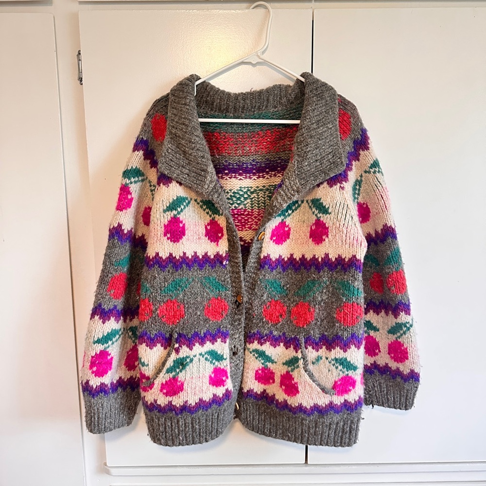 Handmade Wool Cardigan with Cherry Pattern